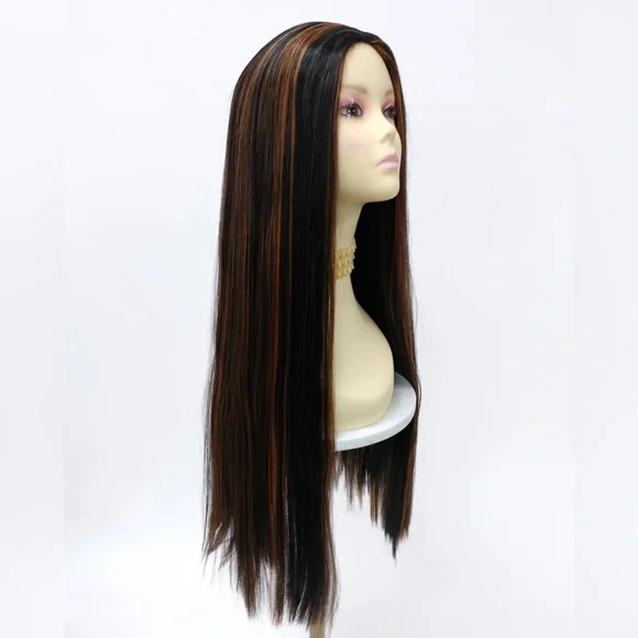 Long Straight Brown with Copper Streaks Skin Top Wig AliExpress main image 4